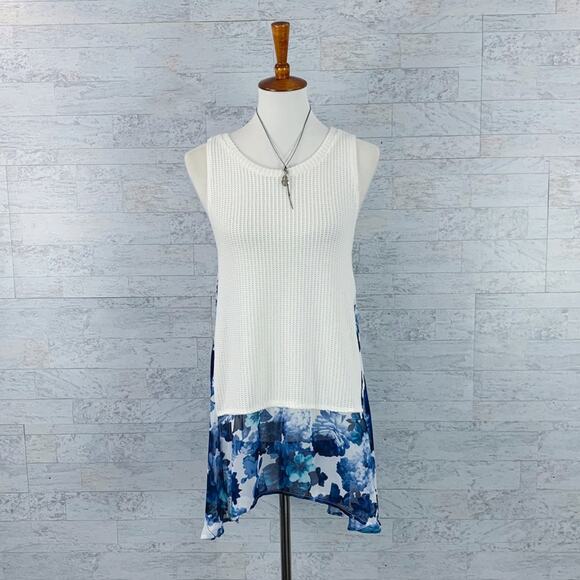 Knit floral silky tunic sleeveless blouse tank top flowy dressy summer white blu - Picture 1 of 6